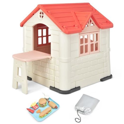 Costway Maisonnette Enfants - 164x124x132 Cm, Maison De Jeu Avec Table De Pique Nique, Cabane De Jardin En Pehd Anti-Uv Rose