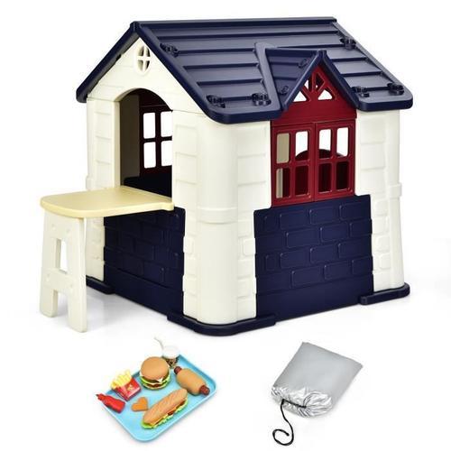 Costway Maisonnette Enfants - 164x124x132 Cm, Maison De Jeu Avec Table De Pique Nique, Cabane De Jardin En Pehd Anti-Uv Bleu