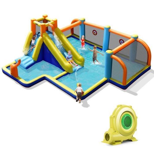 Costway Toboggan Aquatique Gonflable Avec Gonfleur 680w Piscine À Eclaboussures,Mur D'escalade Double Canon À Eau Zone De Football
