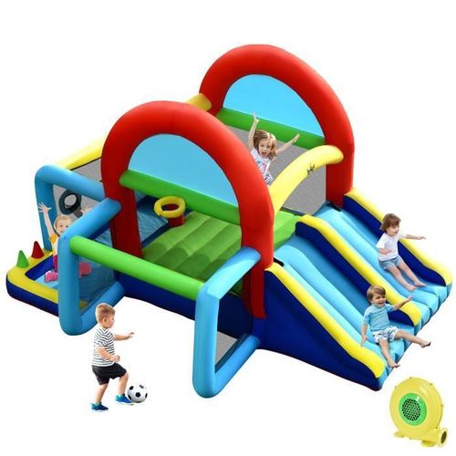 Costway Château Gonflable Avec Gonfleur 480w Auvent Double Toboggan Piscine À Balles But De Football Jeu De Cible Lancer D'anneaux