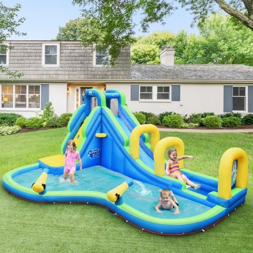 Costway Château Gonflable Pour 4 Enfants Avec Toboggan Aquatique Pistolet De L'eau En Polyester Charge 120kg Souffleur Non Inclus