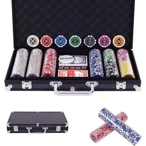 Costway Mallette De Poker, 300 Jetons Laser , 2 Jeux De 54 Cartes, 5 Dés, 1 Dealer - Coffret De Poker En Aluminium Noir