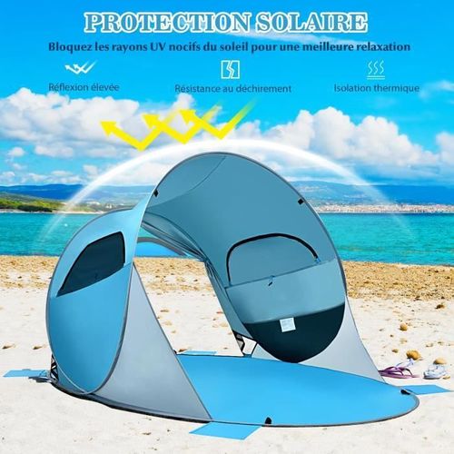 Costway Tente De Plage Pop-Up Pliable Automatique Instantanée 3-4 Personnes Anti Uv Avec 8 Sardines 4 Cordes D?Ancrage Bleu