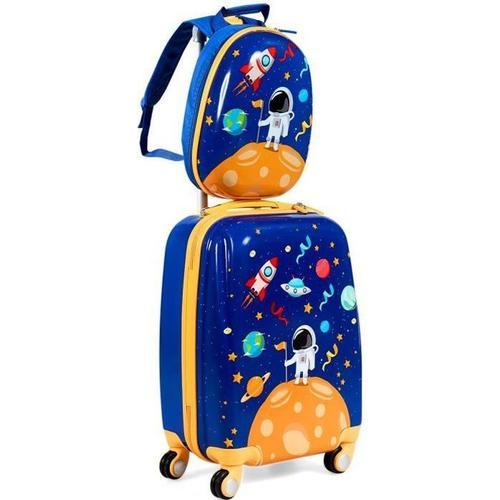 COSTWAY Valise Enfant à Roulettes 16€ + Sac à dos 12€ Ensemble de Bagage Bleu pour Enfant s avec Motif Cosmonaute pour Garçons