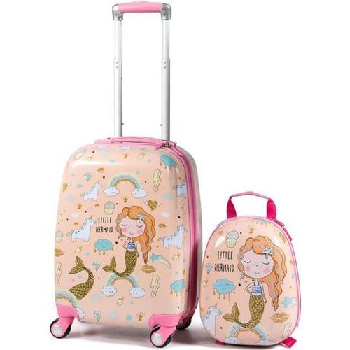 COSTWAY Valise Enfant à Roulettes 16 + Sac à dos 12 Ensemble de Bagage pour Enfants avec Motif Sirène pour Filles Rose