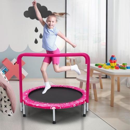 Costway Trampoline Enfants Pliable Ø92cm Housse De Sécurité Matelassée,Poignée Recouverte 30 Cordes Elastiques Intérieur 150 Kg Rose