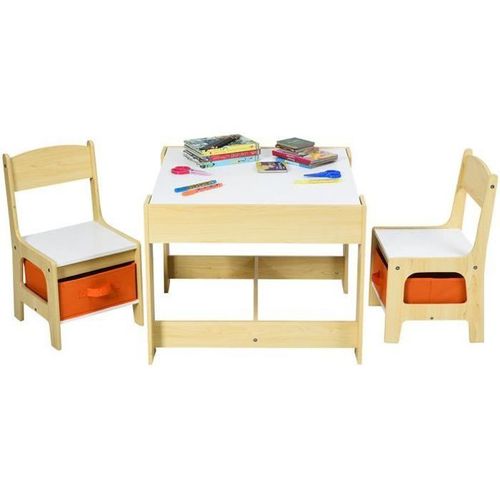 Costway Ensemble Table Et 2 Chaises Pour Enfant En Bois Tableau Transformable Avec Chaise Fonction De Stockage Naturelles