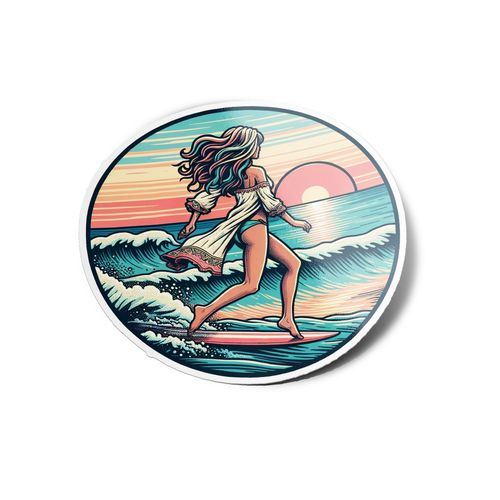 Pack x5 AUTOCOLLANTS STICKERS Boho Surfeuse Coucher de Soleil & Mer Style Bande Dessinée Pastel Chill Minimaliste surf mer chill et vagues 8cm