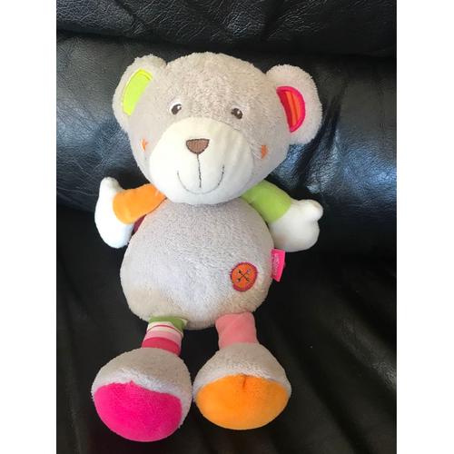 Peluche Ours Babysun Grelot Gris Rose Vert 24 Cm