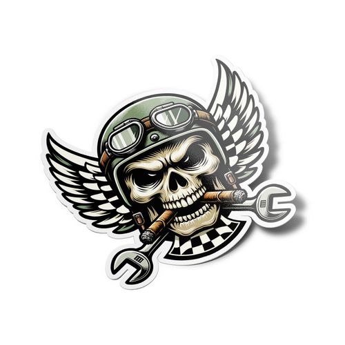 Pack x5 AUTOCOLLANTS STICKERS Crâne Biker Audacieux Design Vintage avec Casque Cigare Couleurs Vibrantes Vert Beige Vinyle Haut de Gamme retro