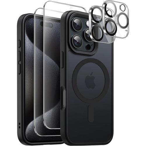 Coque Pour Iphone 16 Pro Max, Protection Noire Avec Anneau Magnétique + 2 Verres Trempés Et 2 Vitres Caméra Arrière - Booling