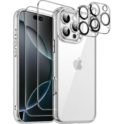 Coque Pour Iphone 16 Pro Max, Coque Silicone Transparent Avec 2 Verres Trempés Et 2 Vitres Caméras Arrières - Booling