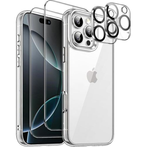 Coque Pour Iphone 16 Pro, Coque Silicone Transparent Avec 2 Verres Trempés + 2 Vitres Caméras Arrières - Booling