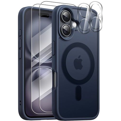 Coque Pour Iphone 16, Protection Bleu Marine Avec Cerle Magnétique + 2 Verres Trempés Et 2 Vitres Caméras Arrières - Booling