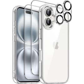 Coque Pour Iphone 16, Coque Silicone Souple Transparent + 2 Verres Trempés Et 2 Vitres Caméras Arrières - Booling