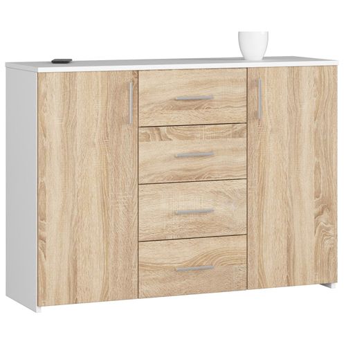 Commode Akord K45 Blanche 110 Cm 2 Portes 4 Tiroirs Façade Chene Sonoma 4 Étageres 110x35x80 Cm