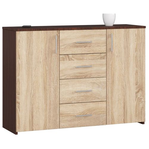 Commode Akord K45 Wengé 110 Cm 2 Portes 4 Tiroirs Façade Chene Sonoma 4 Étageres 110x35x80 Cm