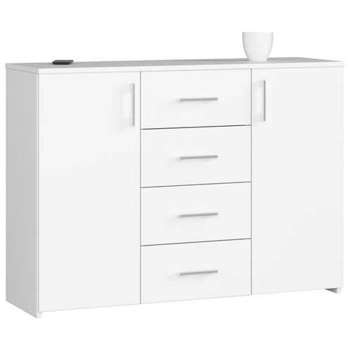 Commode Akord K45 Blanche 110 Cm 2 Portes 4 Tiroirs Façade Blanche 4 Étageres 110x35x80 Cm