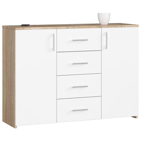 Commode Akord K45 Chene Sonoma 110 Cm 2 Portes 4 Tiroirs Façade Blanche 4 Étageres 110x35x80 Cm