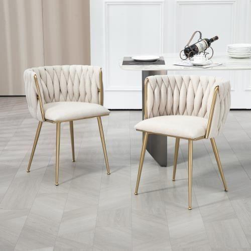 Casual Dining Chair Sofa Chair Tissu De Lin Rembourré Fauteuil De Salon (Pieds En Fer) 2pcs-Set,Blanc