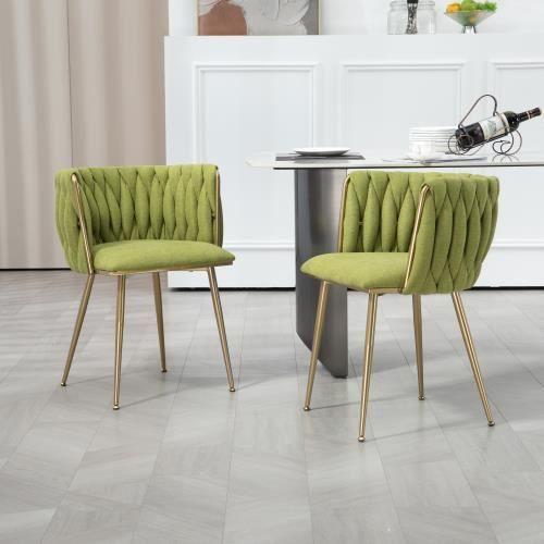 Casual Dining Chair Sofa Chair Tissu De Lin Rembourré Fauteuil De Salon (Pieds En Fer) 2pcs-Set,Vert