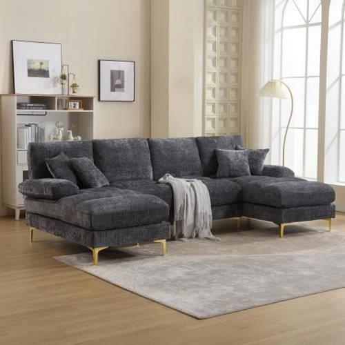 Canapé Moderne En Chenille En Forme De U Avec Double Fauteuil Inclinable Pour Le Salon,Sofa,La Chambre À Coucher,Le Bureau,Gris