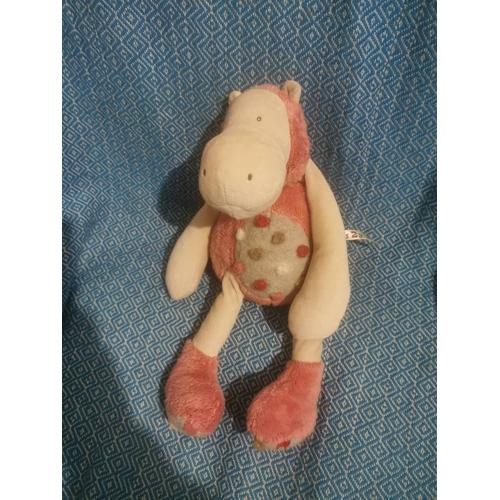 Doudou Peluche Hippopotame Rose Ecru Billes Les Zazous Moulin Roty Gm