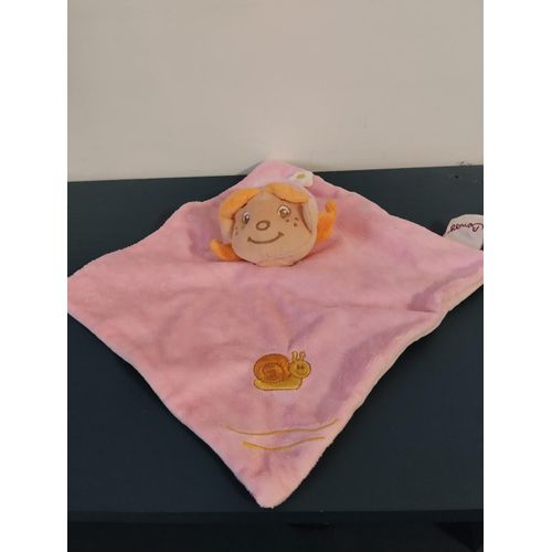 Doudou Plat Rose Fille Broderie Escargot Bengy