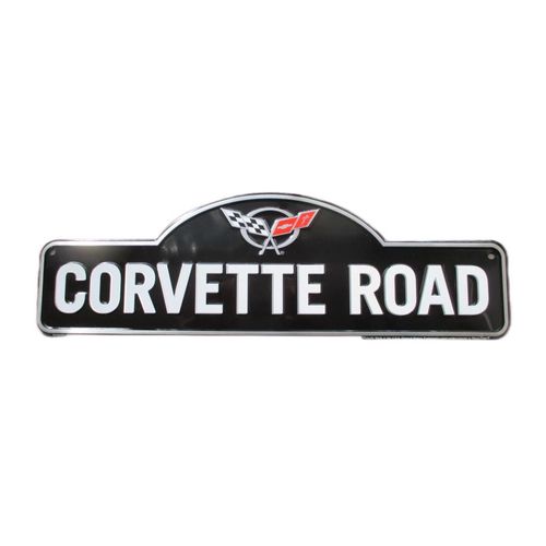 Blason Chevrolet Corvette Road Noir Blanc 46x14cm Déco Americaine Plaque Tole