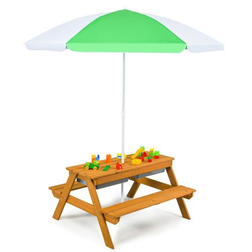 Table Et 2 Bancs 3 En 1 Pour 4 Enfants De Jardin Avec Parasol 2 Boîtes Pour Sable & Eau Plateau Amovible 3 -7 Ans Vert Et Blanc Helloshop26 20_0007433