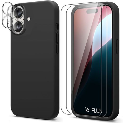Coque Pour Iphone 16 Plus, Silicone Liquide Noir + 2 Verres Trempés Et 2 Protections Caméra Arrière - E.F.Connection