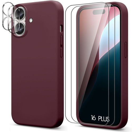 Coque Pour Iphone 16 Plus, Silicone Bordeaux + 2 Vitres Verre Trempé Et 2 Verres Caméra Arrière - E.F.Connection