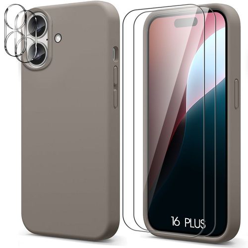Coque Pour Iphone 16 Plus, Silicone Liquide Gris + 2 Verres Trempés Et 2 Protections Caméra Arrière - E.F.Connection
