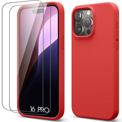 Coque + 2 Verres Trempés Pour Iphone 16 Pro, Protection Silicone Souple Doux Slim Anti-Rayures Rouge - E.F.Connection