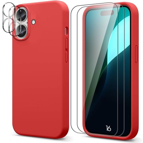 Coque Pour Iphone 16 Silicone Rouge + 2 Verres Trempés Et 2 Vitres Objectif Arrière - E.F.Connection