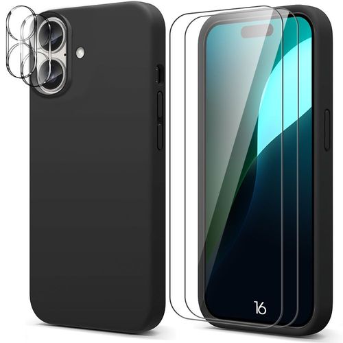 Coque Silicone Noir Pour Iphone 16 Avec 2 Verres Trempés Et 2 Protections Caméra Arrière Anti-Rayures - E.F.Connection