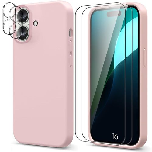 Coque Pour Iphone 16, Protection Silicone Liquide Rose + 2 Verres Trempés Et 2 Vitres Objectif Arrière - E.F.Connection