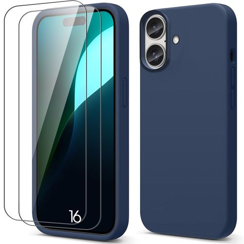 Coque + 2 Verres Trempés Pour Iphone 16, Protection Silicone Liquide Ultra Slim Souple Effet Mat Bleu Marine - E.F.Connection