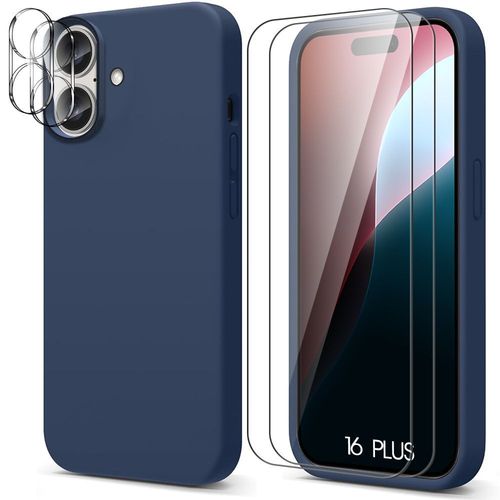 Coque Pour Iphone 16 Plus - Silicone Bleu Marine + 2 Verres Trempés Et 2 Vitres Caméra Arrière - E.F.Connection