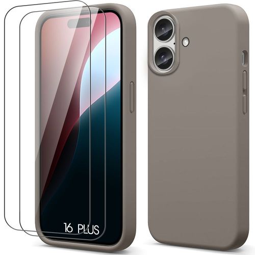 Coque + 2 Verres Trempés Pour Iphone 16 Plus - Silicone Liquide Protection Slim Anti-Rayures Gris - E.F.Connection