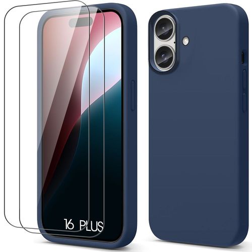Coque + 2 Verres Trempés Pour Iphone 16 Plus - Silicone Liquide Protection Slim Anti-Rayures Bleu Marine - E.F.Connection