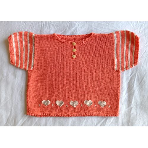 Pull Manches Courtes Rose Orange / Corail. Fait Main. Taille 2 Ans