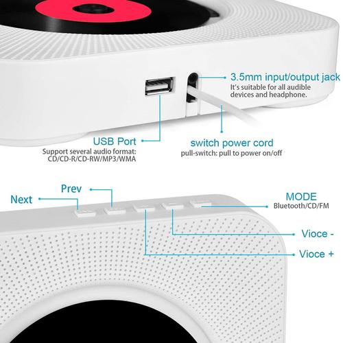 Noir Lecteur CD Portable avec Haut-parleurs Bluetooth HiFi Lecteur de Musique MP3 USB Télécommande Audio Domestique Radio FM entrée/Sortie AUX avec Prise Casque 3,5 mm 