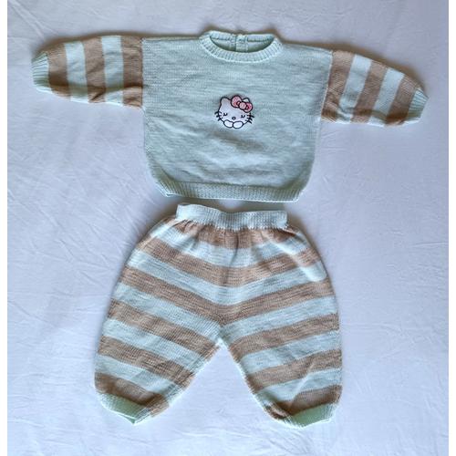 Ensemble Pull Et Pantalon Vert Et Beige. Hello Kitty. Fait Main. Laine. Taille 6 Mois