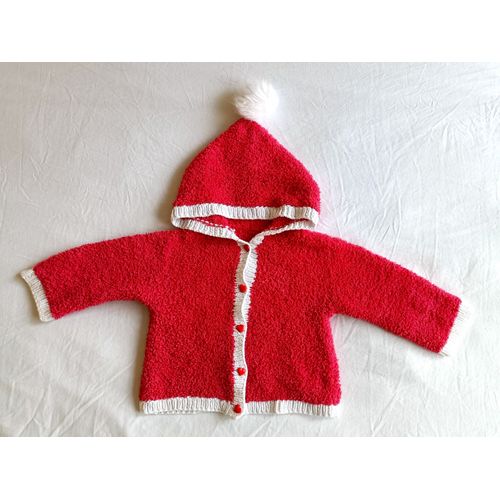 Veste Gilet Rouge Et Blanc A Capuche A Pompon. Fait Main. Laine. Taille 6 Mois