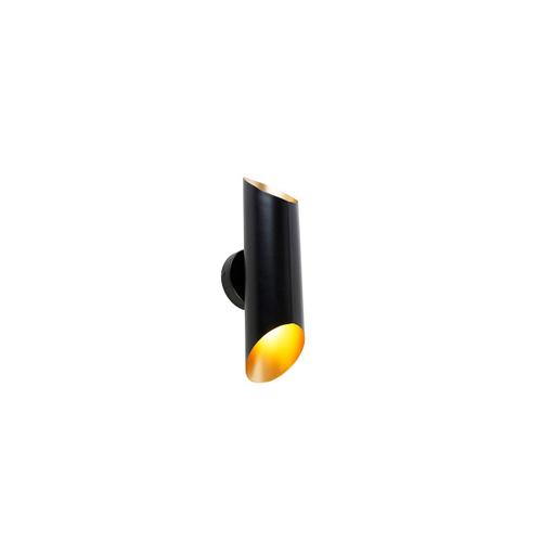 Qazqa Moderne Wandlamp Zwart Met Gouden Binnenkant 2-Lichts - Whistle Acier Noir Cylindre / ÃClairage Dessus Dessous / Luminaire / Lumiere / Intã©Rieur / Salon / Cuisine G9 Max. 2 X 40 Watt