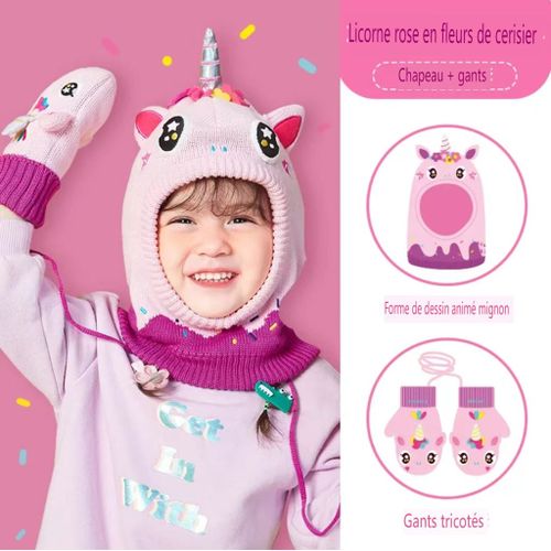 Christmas Gift Ensemble Chaud Automne/Hiver Pour Enfants Taille M Licorne Rose Fleur De Cerisier (Bonnet + Gants) 5-10 Ans
