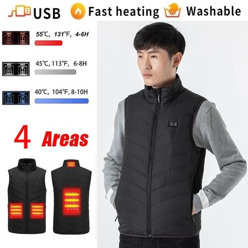 couleur Hommes 4 Taille noire chaude 62-70 KG Veste chauffante USB pour homme et femme, gilet thermique à chauffage électrique Intelligent, manteau chauffant d'hiver, vêtements