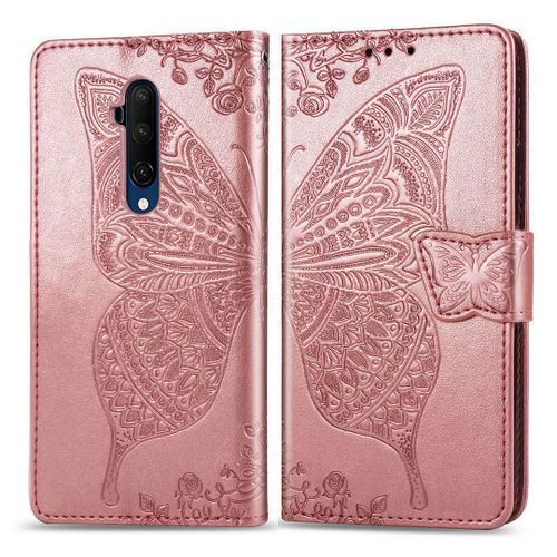 Oneplus 7t Pro Coque, Saturcase Papillon Fleurs Pu Cuir Magnétique Flip Portefeuille Support Porte-Carte Protecteur Housse Étui Avec Dragonne Pour Oneplus 7t Pro (Or Rose)