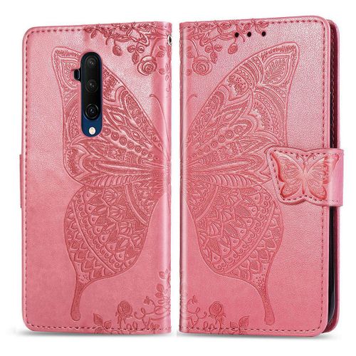 Oneplus 7t Pro Coque, Saturcase Papillon Fleurs Pu Cuir Magnétique Flip Portefeuille Support Porte-Carte Protecteur Housse Étui Avec Dragonne Pour Oneplus 7t Pro (Pink)
